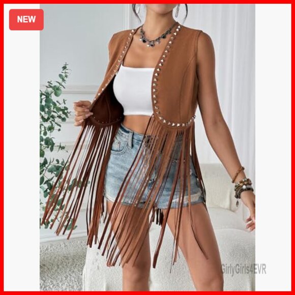 Faux Suede Fringe Vest with Studs, Sleeveless Western Boho Jacket - Picture 3 of 5